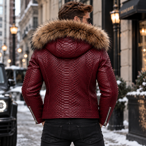 Men's Python <b>Leather</b> Motorcycle <b>Biker</b> <b>Jacket</b> <b>Real</b> Fox Fur Hood Luxury Fashion | Herren Lederjacke <b>Biker</b> | Chaqueta Hombre Cuero - Product Image 4