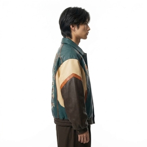 เสื้อแจ็คเก็ตบอมเบอร์หนังสีเขียวอมฟ้าสำหรับผู้ชาย ปักลายมังกรแบบตะวันออก สไตล์คัลเลอร์บล็อก แนวสตรีทแวร์ - Product Image 3