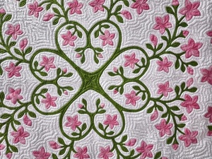 Pink Green Hawaiian Inspired Floral Applique Cotton Bedspread Handmade Artisan Heirloom Quilt For <b>Queen</b> And California King <b>Beds</b> - Product Image 3