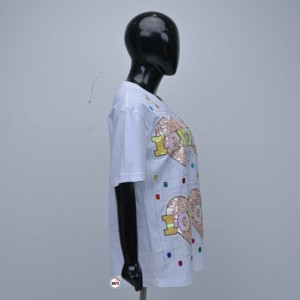 T-shirt blanc à manches courtes pour femme, imprimé cœurs à paillettes, col rond, coupe décontractée, jersey, coupe régulière, 100 % coton - Product Image 4