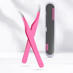 Precision Stainless Steel Eyelash Tweezers Pink Smooth Tip Beauty Tool Series Packaging - Product Image 1