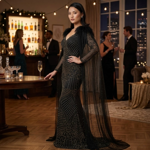 Vestido de Noche Moderno de Lujo con Cuentas Negras Estilo Sirena |   Capa de plumas para los hombros con manga larga y cuello en V |   Vestido de Fiesta Formal sin Espalda, Elegante - Product Image 2