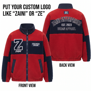Premium 320 GSM Polar Fleece Long <b>Jacket</b> Red Navy Color Block Panels Custom Embossed Applique Logo Full Zip Autumn Wear - Product Image 1