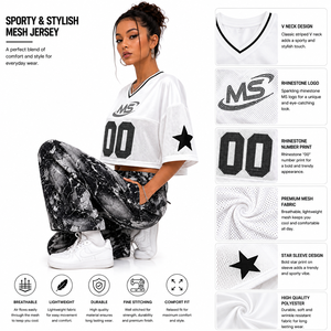 เสื้อฟุตบอลผ้าตาข่ายแบบสั่งทำพิเศษทรงหลวม คอวี แขนสั้น สไตล์สตรีทแวร์ ประดับคริสตัล ขายส่ง B2B - Product Image 6