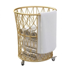 Modern Gold Metal Wire Laundry <b>Basket</b> With Rolling Wheels Iron Laundry Hamper For <b>Bathroom</b> Stylish Mesh Storage Organizer - Product Image 1