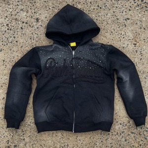 Sudadera con capucha personalizada con cremallera amarilla, diseño de estampado de diamantes de imitación y bolsillo, sudadera informal unisex. - Product Image 4