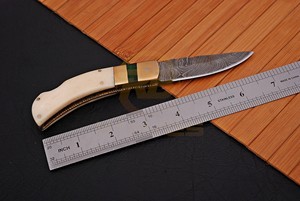 Custom Handmade Damascus Steel Folding <b>Knife</b> <b>Bone</b> <b>Handle</b> Pocket <b>Knife</b> with Leather Sheath Hunting Camping EDC <b>Knife</b> OEM - Product Image 3