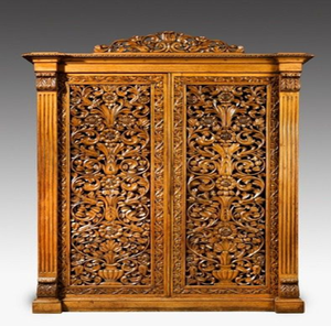 Antique dark wood wardrobe with ornate scroll accents and bottom storage drawers, available at wholesale prices. - Product Image 5
