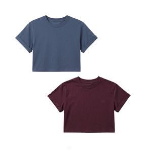 Modern Chic Solid Color <b>Cropped</b> Tee Rolled Sleeve Crew Neck women's shirt Custom Logo Knitted Cotton Minimalist Boxy Summer <b>Top</b> - Product Image 4