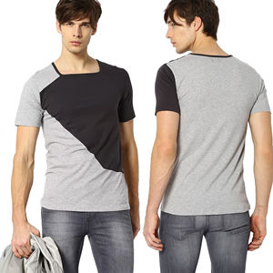 <b>Mens</b> Color Block Asymmetric Diagonal Panel Grey Black Short Sleeve Cotton T-<b>Shirt</b> Custom Logo OEM ODM Wholesale Apparel - Product Image 1