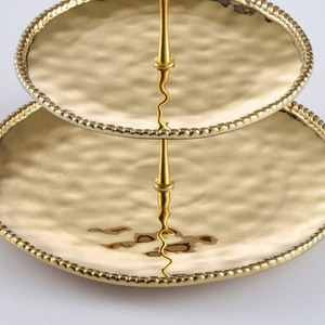 Stunning <b>Three</b>-<b>Tiered</b> Gold <b>Cake</b> <b>Stand</b> Featuring Hammered Textured Platters With Beaded Rims And A Convenient Top Ring Handle - Product Image 2