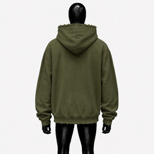 เสื้อฮู้ดโอเวอร์ไซส์ Olive ลายดาวแดง ขอบขาดสไตล์สตรีทแวร์ ยูนิเซ็กส์ ทรงหลวม ซิปยาวเต็มตัว - Product Image 2