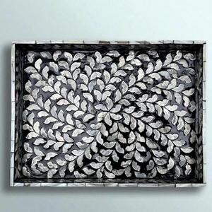 Handmade <b>Rectangle</b> Black Mother of Pearl Inlay Serving Tray - Leaf Pattern Server - Decorative Centerpiece for <b>Coffee</b> <b>Table</b> - Product Image 5