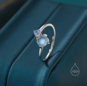 แหวนโอปอล Toi et Moi แบบเปิด ปรับขนาดได้ ทำจากเงินสเตอร์ลิง ประดับโอปอลสองเม็ด แหวนเปิดประดับมูนสโตน - Product Image 3