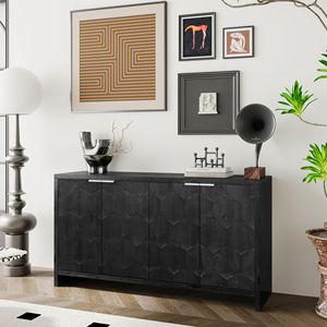 Accent Farmhouse Style 4-Door Wooden Cabinet Distressed Black Sideboard <b>Buffet</b> <b>Server</b> for Living Room Dining Room Storage - Product Image 3