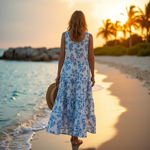 Vestido informal de algodón con estampado de vid blanco y azul para mujer, vestido de viaje sin mangas bohemio acampanado con cuello redondo escalonado para uso diario - Product Image 3