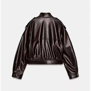 Autumn/Winter New Style Elegant Drop-Shoulder Fashionable Stand Collar Long-Sleeve <b>Zip</b>-<b>Up</b> <b>Jacket</b> Lapel Zipper Placket PU <b>Jacket</b> - Product Image 2