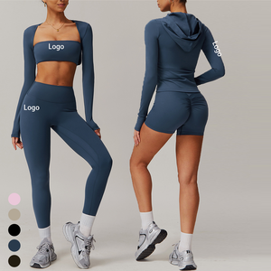 Ensemble de vêtements de sport pour femmes en cinq pièces, bleu, soutien-gorge de sport extensible, sweat-shirt et leggings, vêtements de fitness décontractés, coupe ajustée, logo sur le devant, recyclable - Product Image 1
