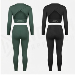 North Approach 2 Piece Yoga Set Solid Color Full Length High Waist Seamless <b>Crop</b> Top <b>Leggings</b> Women's Sportswear - Product Image 2