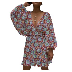 Vestido casual de verano para mujer europea y americana, con estampado artesanal, cuello en V profundo, estilo farol, cintura alta, ¡el más vendido! - Product Image 4