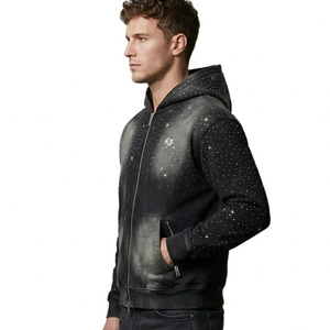เสื้อฮู้ดผู้ชายแบบซิป แต่งคริสตัล ผ้าฝ้ายฟลีซ สไตล์สตรีทแวร์ สีดำ ผลิตเสื้อผ้าจำนวนมาก - Product Image 2