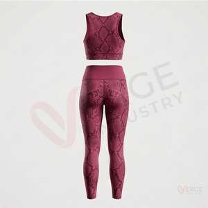 <b>Women</b> <b>Burgundy</b> Snake Print Zip Front Crop <b>Top</b> High Waist Leggings Seamless Yoga 2 Piece Set - Product Image 2
