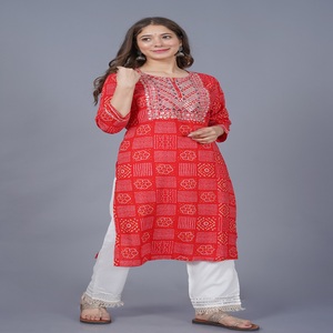 <b>Women</b> Red Bandhani Printed Embroidery Work Yoke On Neck Kurti with , 3/4 Sleeves Casual Ethnic Wear Straight <b>Kurta</b> - Product Image 4