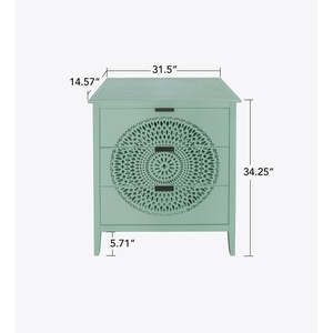 Commode en bois vert menthe à 3 tiroirs avec sculpture Mandala pour chambre à coucher entrée salon ou entrepôt - Product Image 3