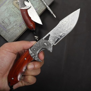 Couteau de poche pliant classique en acier Damas, fait main, personnalisable OEM, manche en bois, pour camping, chasse, usage tactique, DIY - Product Image 3