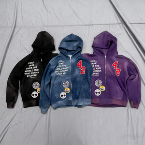 Streetwear Chenille Patches Acid Washed Zipper Hooded Sweatshirt for Unisex Custom Branding Applique Embroidery Zip Up Hoodies - Product Image 2