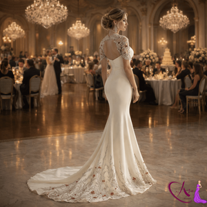 Elegant White Mermaid <b>Wedding</b> Gown | Off Shoulder Lace Sleeve Fitted Bridal <b>Dress</b> With Embroidered Train Premium Designer Wear - Product Image 3