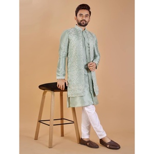 KURTA DE TRABAJO JACQUARD DE SEDA BANGLORI A LA MODA CON MENTA PAYJAMA - Product Image 1