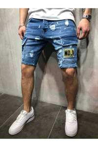 PREGO INDUSTRIES Pantalones Cortos de Mezclilla para Hombre, Estilo Cargo, Desgastados, Lavado Desgastado, Cintura Media, Casuales de Verano, con Bolsillos - Product Image 2