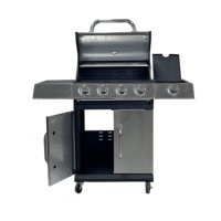 Chariot de barbecue à gaz en acier inoxydable avec quatre brûleurs, brûleur latéral, rangement et roues pour terrasse extérieure
