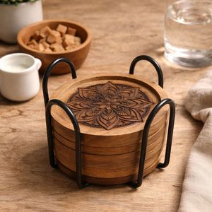 Ensemble de sous-verres en bois gravés, faits à la main, durables et modernes, avec support métallique pour table basse, décoration de la maison - Product Image 3