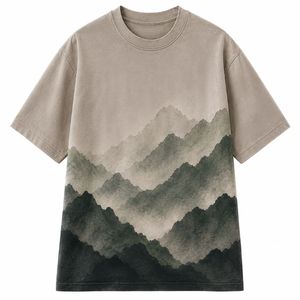 เสื้อยืดแขนสั้นทรงปกติสำหรับผู้ชาย พิมพ์ลายดิจิทัลด้านหน้า ลายภูเขาไล่เฉดสี คอกลม ผ้าถักลำลอง 100% ผ้าฝ้าย - Product Image 5