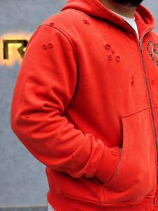 Sudadera con capucha roja desgastada con cremallera completa para hombre, estilo oversize, con estampado de leopardo y logo, estilo streetwear, de algodón y felpa. - Product Image 4