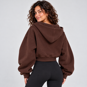 Sweat-shirt court zippé personnalisé pour femme, léger, marron foncé, avec taille côtelée, vêtement de sport, veste courte, vêtement d'extérieur - Product Image 2