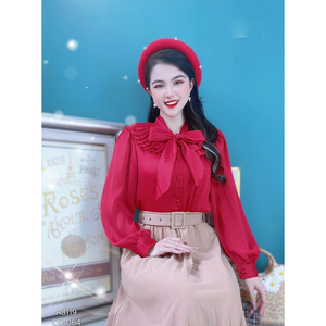 Blusa Elegante de Negocios Casual para Mujer con Lazo en el Cuello, Manga Larga y Volantes Plisados, Ideal para Boutiques de Moda - Product Image 2