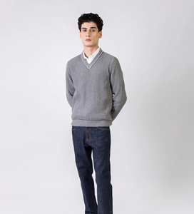 <b>Men's</b> Grey V-Neck Knitted Pullover <b>Sweater</b> Long Sleeve Solid Color Autumn Top - Product Image 1