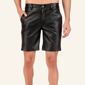 Pantalones Cortos de Cuero Genuino Negro Sólido para Hombre, Cierre con Botones, Cintura Media, Bolsillos con Cordón, Tejido Transpirable de Secado Rápido - Product Image 1