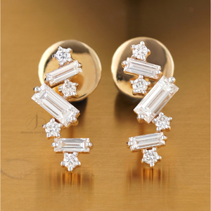14K Gold Fine Stud <b>Earrings</b> 0.99 CT Baguette Round Lab Grown Diamond Zigzag Design - Product Image 1