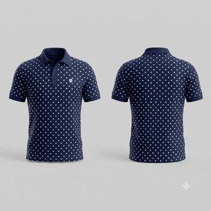 เสื้อโปโลชายสีกรมท่าลายจุด แขนสั้น สไตล์ลำลอง ผ้าทอออกซ์ฟอร์ด ติดกระดุมด้านหน้า มีโลโก้ - Product Image 1