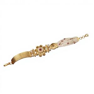 Pulsera de Cadena y Eslabones de Oro Sólido de 22K con Perlas Florales Clásicas, Joyería de Boda Tradicional India de Diseño Unisex, 13.750g - Product Image 1