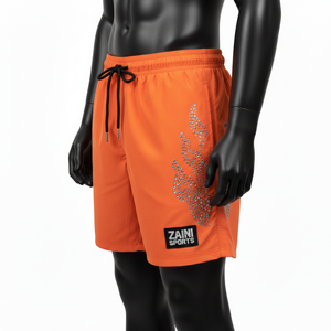 Pantalones cortos premium de nailon de secado rápido de 220 GSM para hombre, color naranja brillante, con logotipo de diamantes de imitación termotransferibles y parche personalizado. - Product Image 4