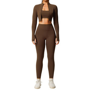 Women Yoga Set 2 Piece Crop <b>Top</b> Leggings High Waist Full Length Racerback Seamless Spandex Polyester <b>Zipper</b> Front - Product Image 5