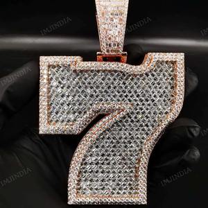 Colgante Personalizado con el Número '7' con Incrustaciones de Diamantes, Moissanita Natural VVS1 D, Plata de Ley Chapada en Oro, Colgante de Lujo Estilo Hip Hop - Product Image 2