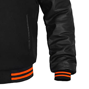Veste varsity noire pour homme avec bordure orange, fermeture à boutons, manches en cuir PU, broderie chenille personnalisée, veste bomber d'automne - Product Image 6