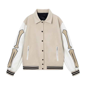 Chaqueta Varsity para Hombre con Bloques de Color, Cuello Vuelto, Mangas con Diseño de Hueso, Botones, Estilo Casual de Béisbol, Chaqueta Bomber con Botones Frontales - Product Image 1