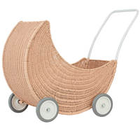 Poussette pour poupée en osier tressé à la main avec roues et poignée en métal, chariot de jeu en rotin en forme de lune pour chambre d'enfant, fabriqué au Vietnam